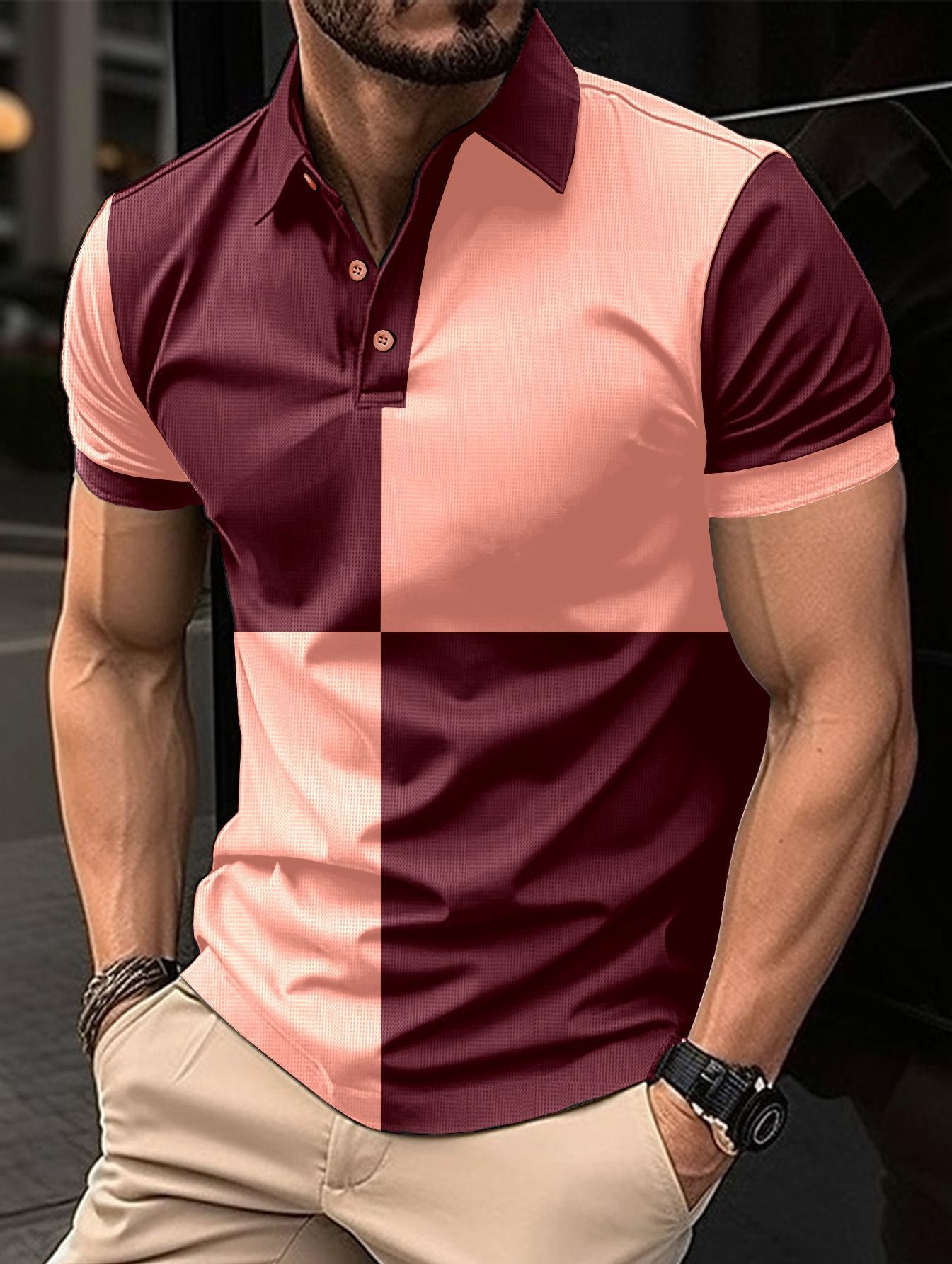 Casual Sports Short Sleeve Color Stitching Turnover Neck Polo Shirt Men Clothing