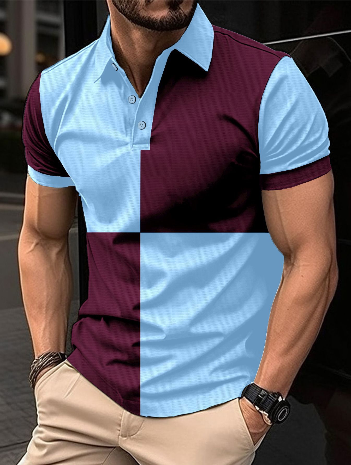 Casual Sports Short Sleeve Color Stitching Turnover Neck Polo Shirt Men Clothing